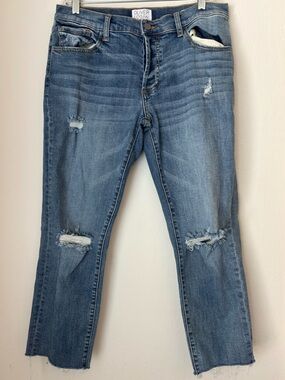 Oliver Logan Distressed Boyfriend Jeans Size 29x Blue Button Fly Raw Hem Casual